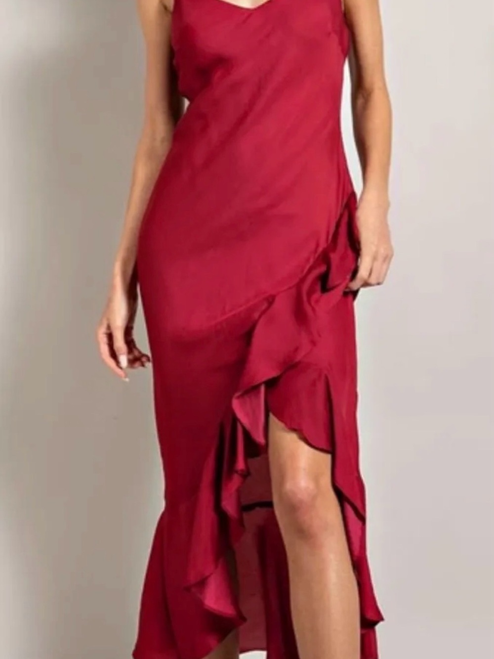 eesome Wine Red Slip Maxi Dress with Ruffle Hem
